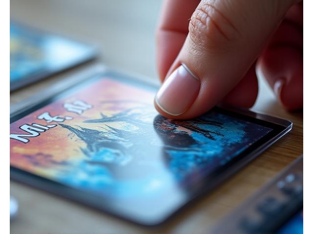 Close-up of a hand inserting a gaming card into a clear protective sleeve, emphasizing the quality and fit.