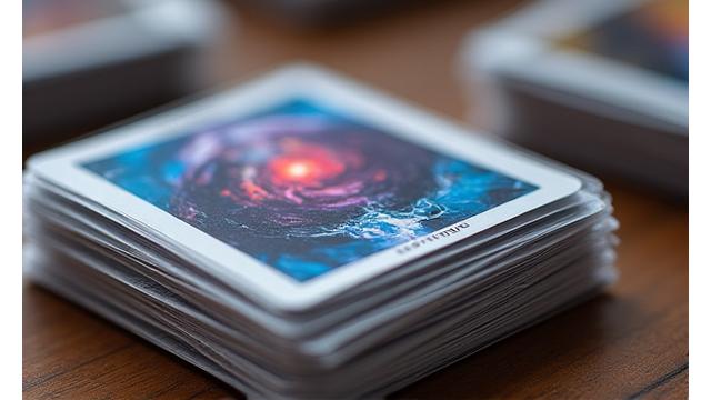 Stack of colorful playing cards protected by clear card sleeves, close-up, illustrating premium accessory care