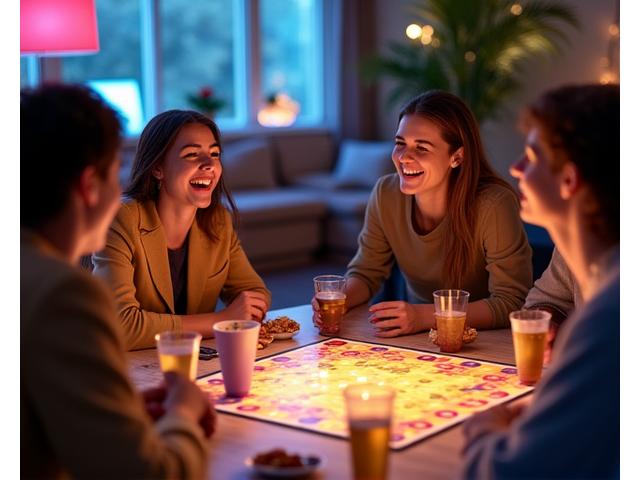 Group of friends happily playing a board game around a table