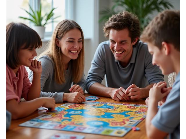 Family playing an accessible gateway board game like Ticket to Ride, laughing