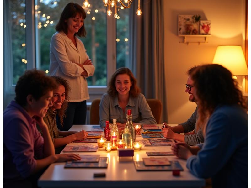 A host welcoming guests to a cozy, well-prepared game night setup, with board games stacked neatly and snacks on a table