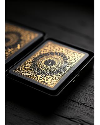A highly artistic, dark-themed designer playing card deck featuring abstract symbols and metallic accents.