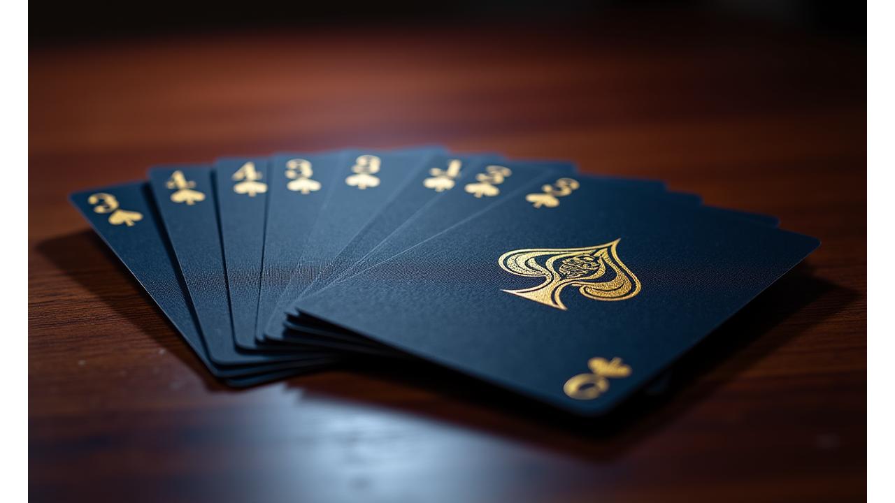 Close-up of elegant playing cards being fanned out on a dark table, showcasing intricate backs and a golden reflection.