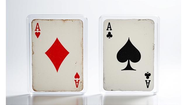A comparison of a sleeved playing card next to an unsleeved one, showing the added protection.
