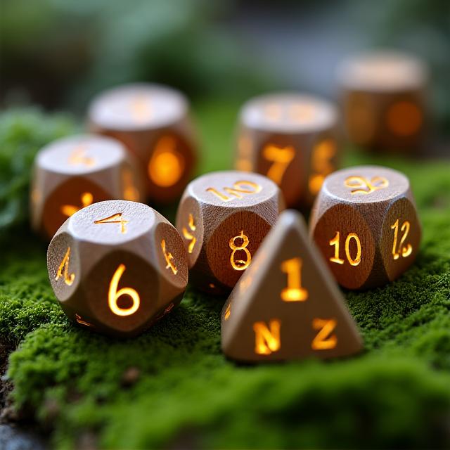 A gracefully carved wooden polyhedral dice set with delicate elvish script, resting on a mossy, natural surface.