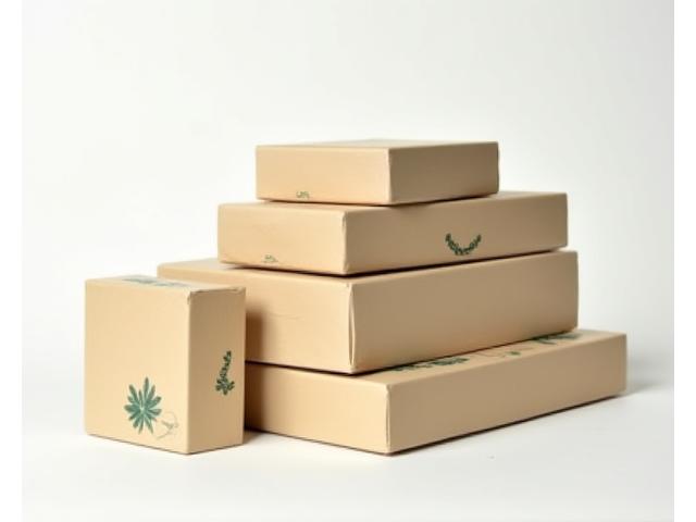 Minimalist board game packaging made from recycled kraft paper, with a small green leaf icon.