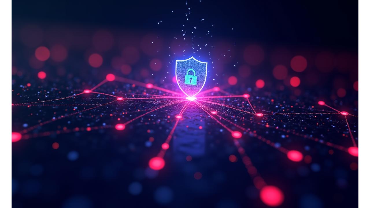 Abstract representation of data privacy and security, with glowing data shields and interconnected nodes against a dark, futuristic background.