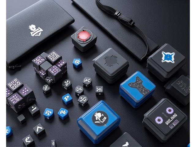 Close-up of various gaming accessories like dice bags, card holders, and playmats